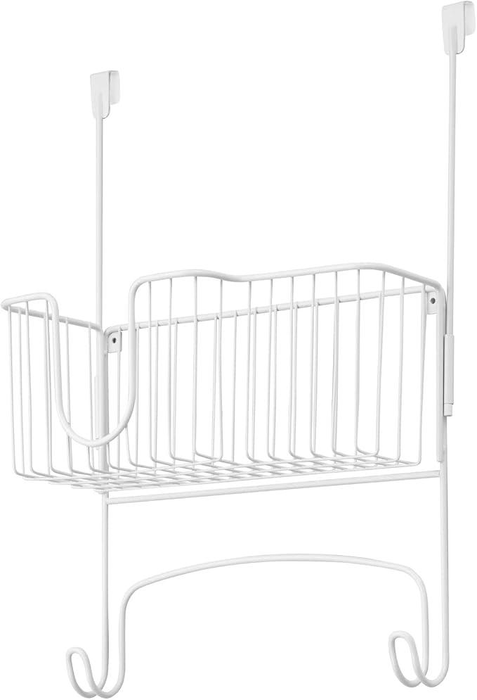 mDesign Steel Metal Over Door Ironing Board Holder with Large Storage Basket for Laundry, Utility, Mudroom, Garage - Holds Iron, Board, Spray Bottles, Starch, Detergent, Fabric Refresher - White