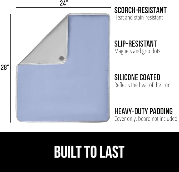 GORILLA GRIP Ironing Mat, Portable Iron Pad, Magnetic Cover for Top of Laundry Washer, Dryer, Tabletop, Countertop Padded Blanket, Silicone Coating and Scorch Resistant, Travel Size 28x24, Blue