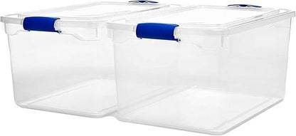 HOMZ 2-Pack Latching Lid, Large Clear Plastic Storage Bins with Lids, 66 Quart, Blue Latch - Stackable Container Boxes for Home, Bathroom, and Office Organization