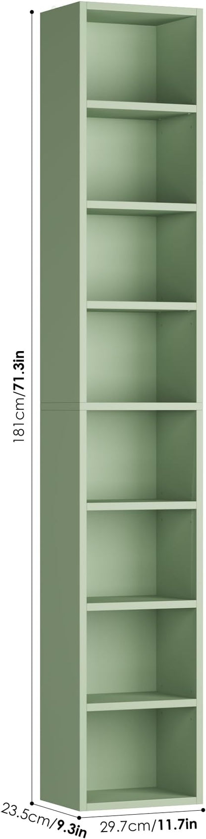 FOTOSOK 8-Tier Media Tower Rack, 11.6 X 9.3 X 70.9 Inches CD DVD Slim Storage Cabinet with Adjustable Shelves, Tall Narrow Bookcase Display Bookshelf for Home Office, Green