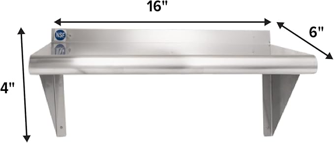 NSF Certified 18 Gauge Heavy Duty Stainless Steel Wall Shelf with Brackets for Kitchens, Utility Rooms, Storage, Offices & Home (16"x6")