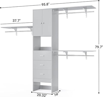 Armocity 96 Inches Closet System with Doors, 8FT Walk In Closet Organizer with 3 Shelving Towers, Heavy Duty Clothes Garment Rack with 3 Wood Drawers, 96" L x 16" W x 80" H, Max Load 1000 LBS, Grey