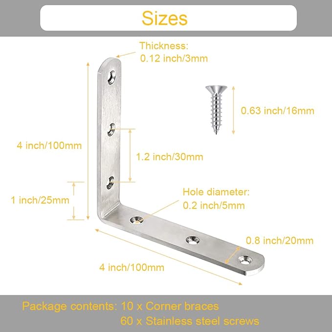 10 Pack L Bracket Corner Braces 4 Inch Stainless Steel Heavy Duty Shelf Bracket for Wood Shelves, Wall Hanging Support 90 Degree Joint Right Angle Brackets with Screws