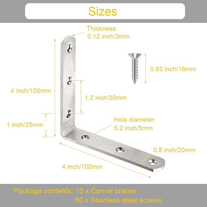 10 Pack L Bracket Corner Braces 4 Inch Stainless Steel Heavy Duty Shelf Bracket for Wood Shelves, Wall Hanging Support 90 Degree Joint Right Angle Brackets with Screws