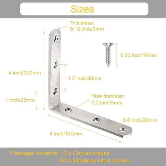 10 Pack L Bracket Corner Braces 4 Inch Stainless Steel Heavy Duty Shelf Bracket for Wood Shelves, Wall Hanging Support 90 Degree Joint Right Angle Brackets with Screws