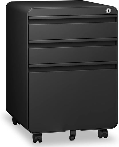 Dripex 3 Drawer File Cabinet, Metal Filing Cabinets with Lock Wheels for Letter/Legal/A4 File, Anti-tilt Under Desk Design, Lockable Rolling Mobile File Cabinet for Home Office (Black)