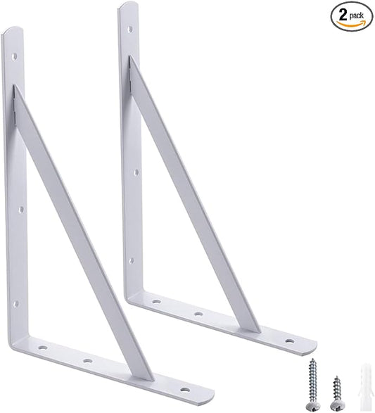 12 x 8 inch Heavy Duty Shelf Brackets, Load Capacity: 600 lb, 2-Pack White Metal L Supports for Wall Mounted Wood Shelving, Shelves Bracket with Screws, HOME MASTER HARDWARE
