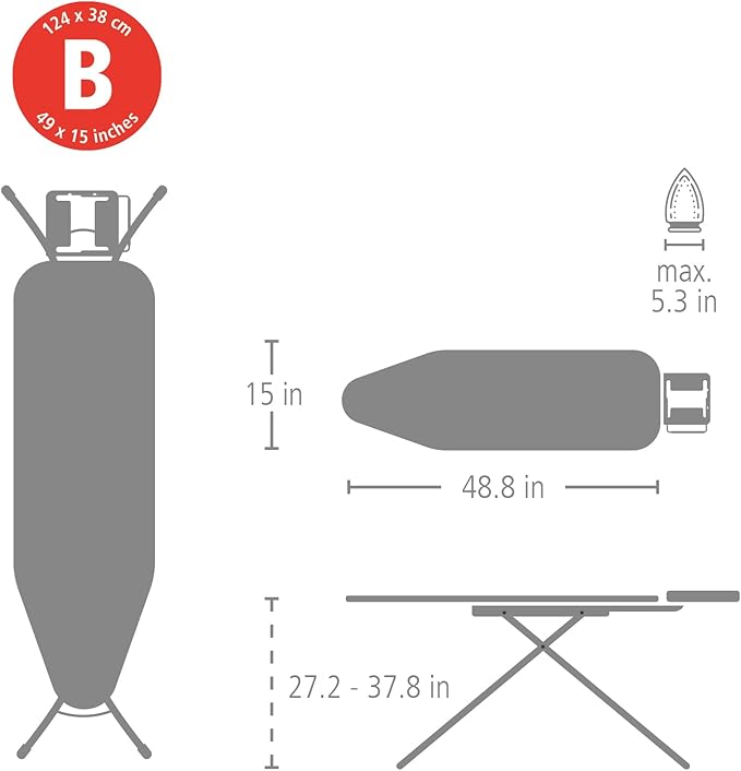 Brabantia Size B Ironing Board (49x15 in) 7 Height Options, Adjustable Steam Iron Rest Holder (Denim Black) Non-Slip Feet, Anti-Collapse Child Locks