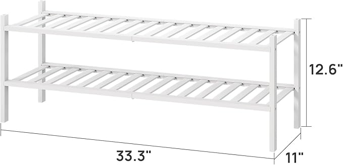 Long Shoe Rack for Entryway,Shoe Organizer for Hallway Closet, Bamboo Wood Shoe Racks for Indoor Outdoor (White, 2-Tier Long)