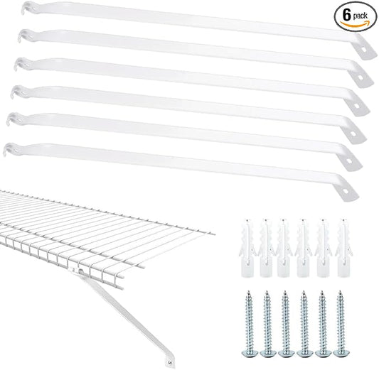 6 PCS Wire Shelf Brackets, 17 Inch Long Closet Shelf Brackets with Screws, Metal Support Bracket for Wire Closet Shelving, Heavy Duty