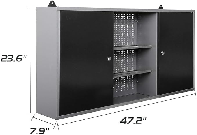 JZD Metal Wall Storage Cabinet with 22 Tool Hooks, for Garage Workshop Black & Grey