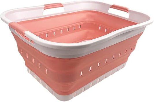 SAMMART 42L (11 gallon) Collapsible Plastic Laundry Basket - Foldable Pop Up Storage Container/Organizer - Space Saving Hamper/Basket (1, White/Quartz Pink)