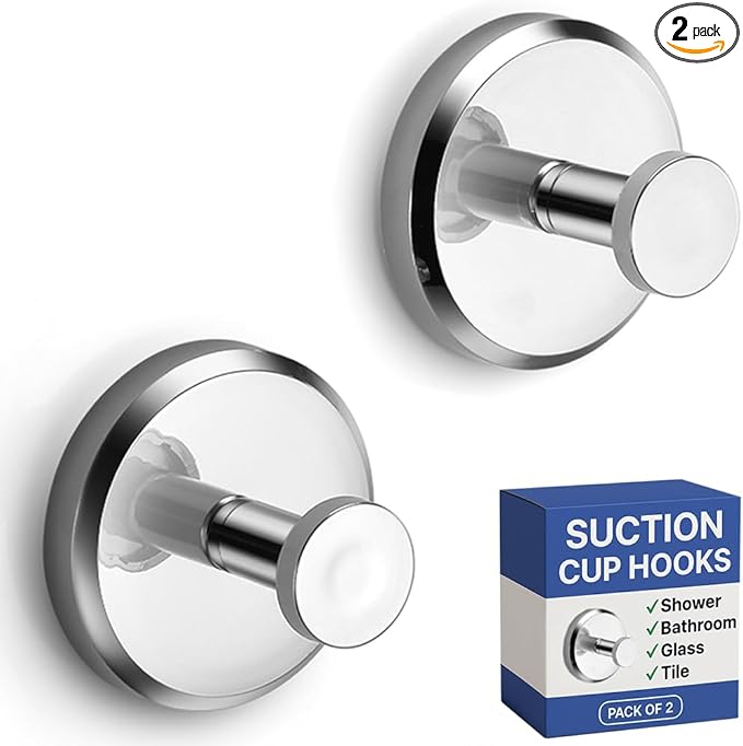 HOME SO Suction Cup Hooks for Shower & Bathroom Towel Holder 2-Pack – Suction Cups Hooks for Hanging Towels, Robes, & Coats - Tiles, Glass Door or Mirror – Shower Hooks & Towel Hooks Organizer -Chrome