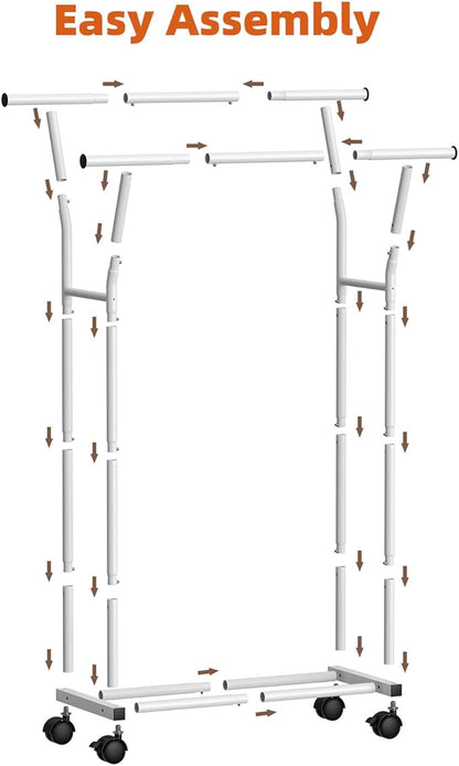 Luxspire Double Rods Clothes Rack for Hanging Clothes, Rolling Clothing Rack with Side Hooks, Bottom Shelves, 360° Wheels, Garment Racks for Bedroom, Laundry, Living Room, White