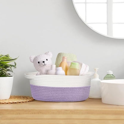 Woven Cotton Rope Gift Basket, Small Baskets for Gifts Empty, Cute Baby Nursery Basket, Pet Toy Storage Bin for Dog Cat, Decorative Wicker Home Organizer with Handles, 12"x 8"x 5", Purple