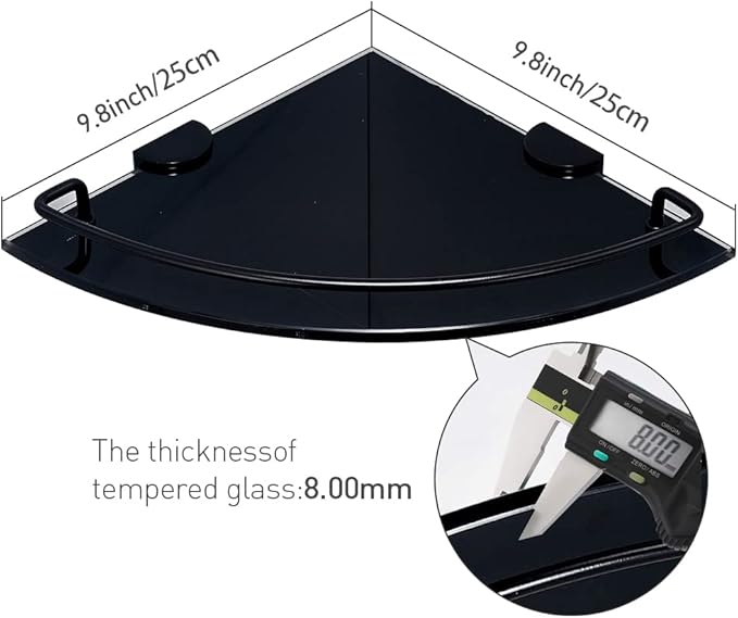 Black Glass Corner Shower Shelves for Bathroom, 8MM Thick Tempered Glass Floating Shelves for Wall with 304 Stainless Steel Rail (1Pack)