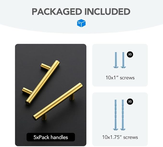Brushed Brass Cabinet Handles 3 Inch Hole Spacing Stainless Steel Drawer Pulls for Cabinets, Dresser, Bathroom 5 Pack