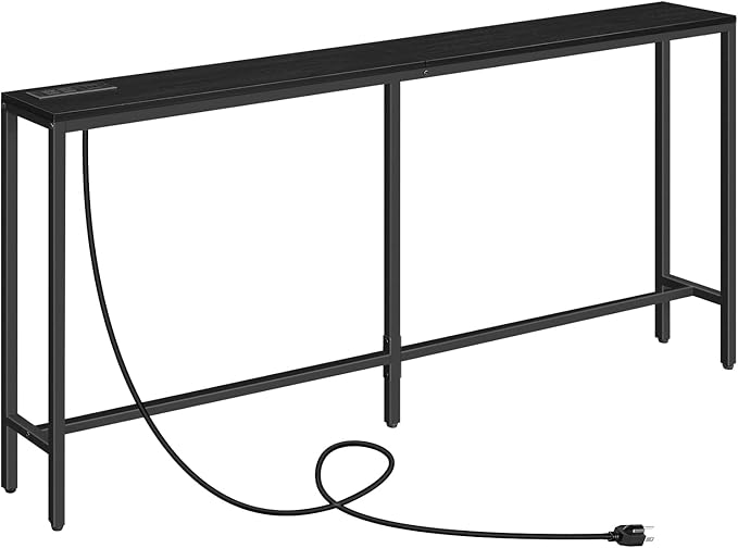63" Console Table with Power Outlet, Narrow Sofa Table, Industrial Entryway Table with USB Ports, Behind Couch for Entryway, Hallway, Foyer, Living Room, Black CTHB16E01