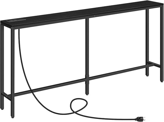 63" Console Table with Power Outlet, Narrow Sofa Table, Industrial Entryway Table with USB Ports, Behind Couch for Entryway, Hallway, Foyer, Living Room, Black CTHB16E01
