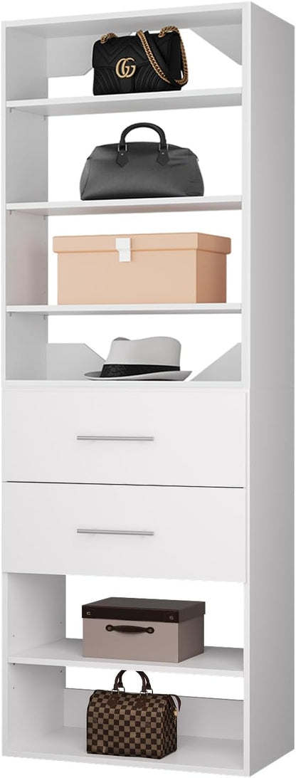 ROOMTEC Modular Closet System, 25.5" 2 Drawer Shelf Closet Tower Wall-Mounted Closet Organizer, Wooden Tower for Walk-In Closets, Wardrobe Storage Kit, White