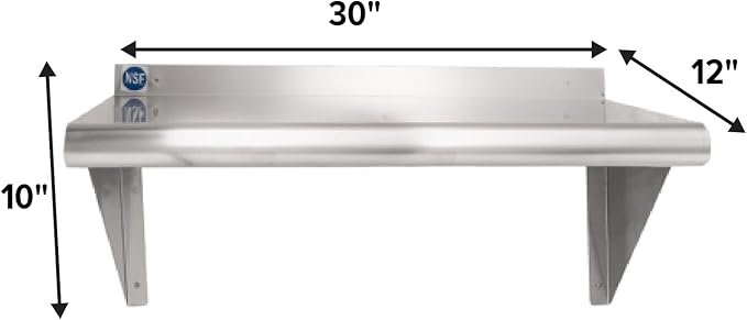 NSF Certified 18 Gauge Heavy Duty Stainless Steel Wall Shelf with Brackets for Kitchens, Utility Rooms, Storage, Offices & Home (30"x12")