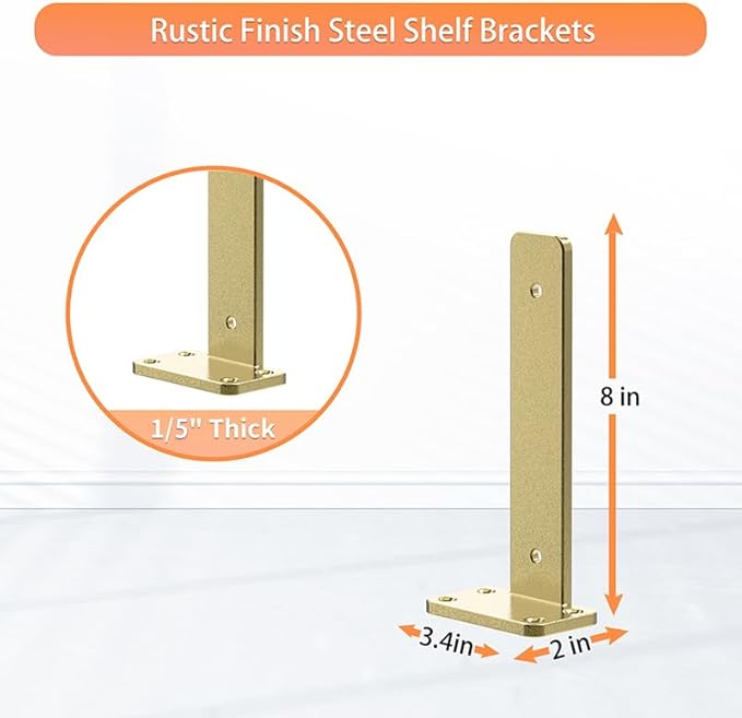 Floating Shelf Brackets Upgraded, 8 inch, Gold Heavy Duty Iron Shelf Brackets, Industrial Modern Floating Shelf Support for Wall Mount Shelves,Wide Brackets ,4 Pack, Support DIY(5mm Thickening Type).