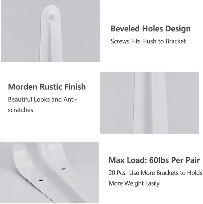 20 Pack Shelf Brackets 10 Inches White, Heavy Duty Steel Metal L Brackets for Shelves, J Brackets Wall Angel Corner Brace for Wood Board
