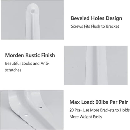 20 Pack Shelf Brackets 10 Inches White, Heavy Duty Steel Metal L Brackets for Shelves, J Brackets Wall Angel Corner Brace for Wood Board