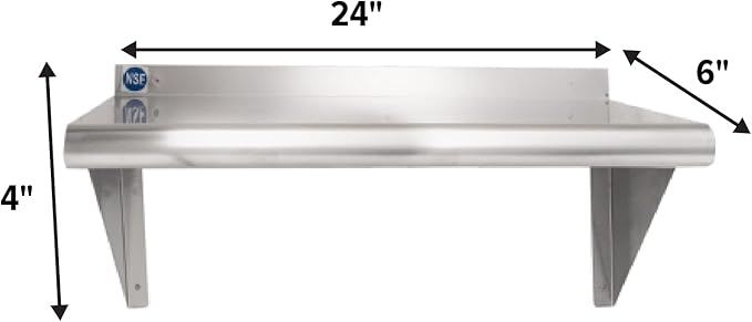 NSF Certified 18 Gauge Heavy Duty Stainless Steel Wall Shelf with Brackets for Kitchens, Utility Rooms, Storage, Offices & Home (24"x6")