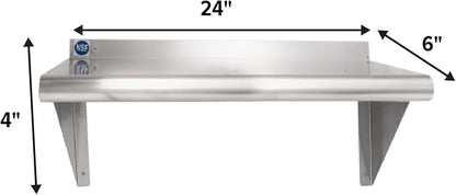 NSF Certified 18 Gauge Heavy Duty Stainless Steel Wall Shelf with Brackets for Kitchens, Utility Rooms, Storage, Offices & Home (24"x6")
