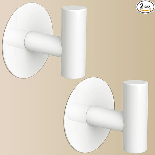 Heavy Duty White Towel Hooks, Stainless Steel Adhesive Coat Hooks for Bags, Towels, Robes, Hats, Aprons – No Drill Bathroom, Kitchen, Hotel Wall Hooks (2 Pack)