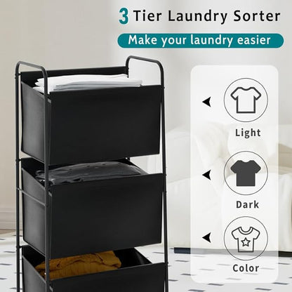 125L Vertical Laundry Hamper with Wheels, 3 Section Large Rolling Laundry Sorter with Detachable Inners, Metal Clothes Hamper Laundry Baskets Organizer for Bathroom, Bedroom, Dorm (Black)
