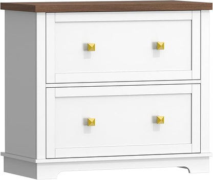 2 Drawers Lateral File Cabinet, Farmhouse Wooden Filing Cabinet, Printer Stand for Home Office, Office Storage Cabinet for A4/Letter-Size Hanging Files,White and Walnut FCBA8001