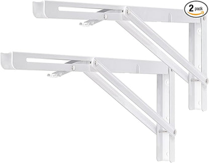 YUMORE Folding Shelf Brackets, 16 Inch Heavy Duty Collapsible Shelf Bracket, White DIY L Bracket for Workbench Folding Table Hinge, Max Load: 330lb, Pack of 2