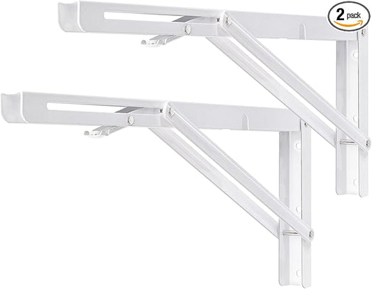 YUMORE Folding Shelf Brackets, 16 Inch Heavy Duty Collapsible Shelf Bracket, White DIY L Bracket for Workbench Folding Table Hinge, Max Load: 330lb, Pack of 2