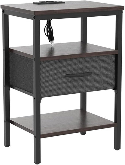 SUPERJARE Nightstand Set of 2, Bed Side Tables with Charging Station, Adjustable Fabric Drawer, Night Stand for Bedroom, 3-Tier Storage End Tables, Walnut, 8694NC