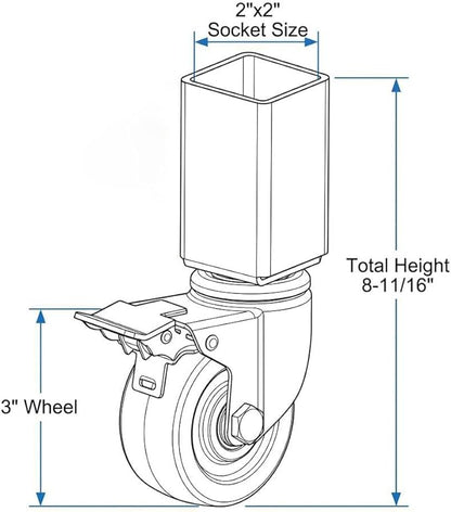 QWORK 3" PU Caster Wheels for 2"x2" Boltless Shelving Racks – 4 Pack 1500 lbs Load, Heavy Duty Mobility Set for Garage, Storage, Workshop