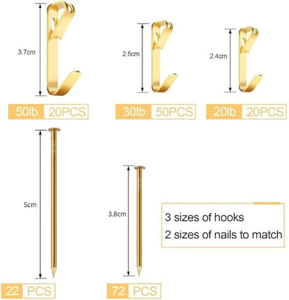 184 Pieces Picture Hanging Kit, 20lb, 30lb, and 50lb Picture Hangers, Metal Picture Hanging Hooks with Nails, on Drywall, Wooden Wall(Gold)