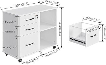 Panana 3 Drawer Office File Cabinets, Mobile Lateral Printer Stand with Open Storage Shelf, Rolling Filing Cabinet with Wheels Home Office Organization and Storage (White)