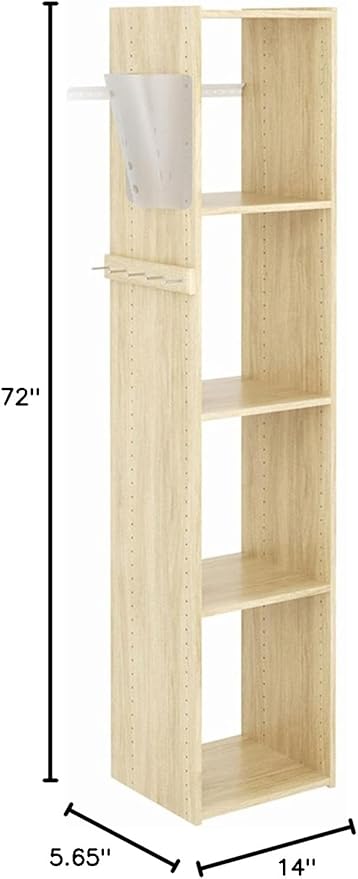 Easy Track 5 Shelf Wood Utility Mountable Home Closet Storage Tower Kit System with 5 Peg Rack, Bag Holder, and 2 Adjustable Shelves, Honey Blonde