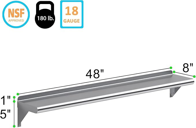 NSF Certified 18 Gauge Heavy Duty Stainless Steel Wall Shelf with Brackets for Kitchens, Utility Rooms, Storage, Offices & Home (48"x8")
