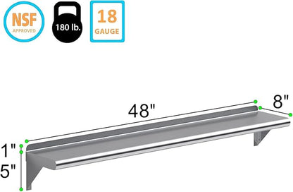 NSF Certified 18 Gauge Heavy Duty Stainless Steel Wall Shelf with Brackets for Kitchens, Utility Rooms, Storage, Offices & Home (48"x8")