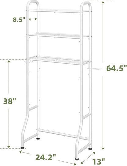 Simple Trending Over The Toilet Storage Rack, Metal 3 Tier Bathroom Organizer Shelf with Paper Holder and 3 Hooks, Freestanding Shelf Space Saver Above Toilet, White