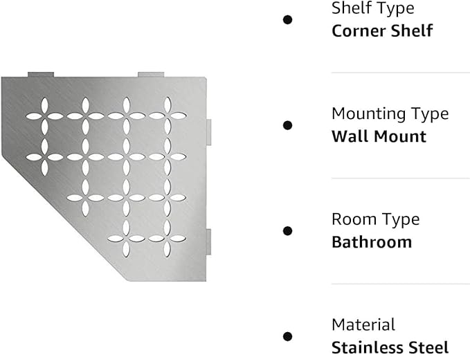 Schluter Pentagonal Corner Shelf for Tiled Walls - Floral Design, Stainless Steel Material, Brushed Stainless Steel Finish, 3/32" Thick Anchoring Tabs - SES2D5EB