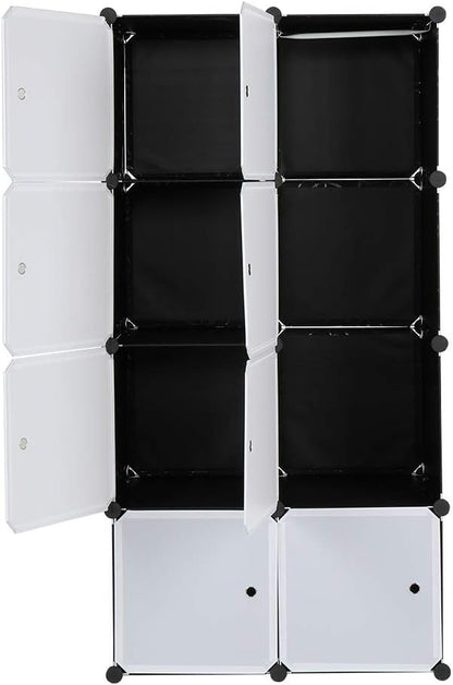 8 Cube Organizer Stackable Plastic Cube Storage Shelves Design Multifunctional Modular Closet Cabinet with Hanging Rod White Doors and Black Panels