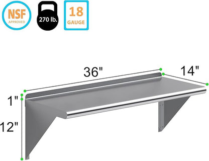 NSF Certified 18 Gauge Heavy Duty Stainless Steel Wall Shelf with Brackets for Kitchens, Utility Rooms, Storage, Offices & Home (36"x14")