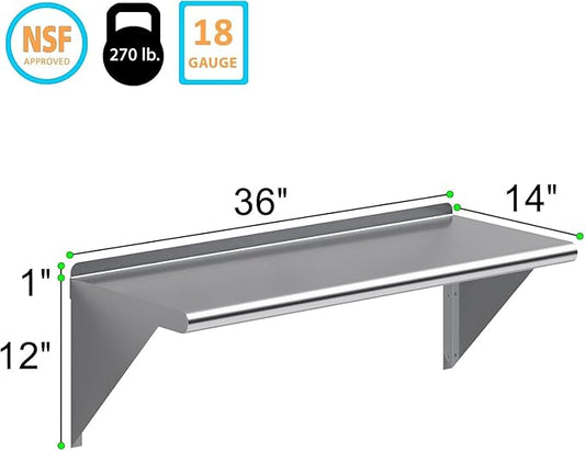NSF Certified 18 Gauge Heavy Duty Stainless Steel Wall Shelf with Brackets for Kitchens, Utility Rooms, Storage, Offices & Home (36"x14")