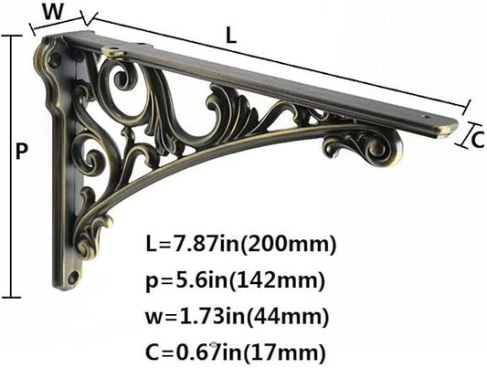 Decorative Shelf Bracket 8 inch, Brushed Antique Brass Brackets for Shelving, Heavy Duty Vintage, DIY Projects, Hardware Included, 4 Pack, 7.87x5.6x1.73 inch，Baroque Style