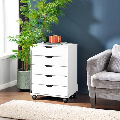 DEVAISE 5-Drawer Chest, Wood Storage File Cabinet with Wheels, White