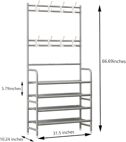 Coat Rack Shoe Rack With Storage Shelf Freestanding with 8 Hooks for Entryway Bedroom Closet 4 Tier, Grey
